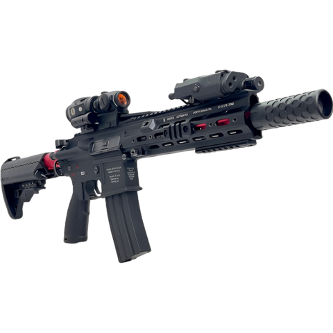 HK416D black gel blaster with silencer, holographic sight, and laser for tactical precision.