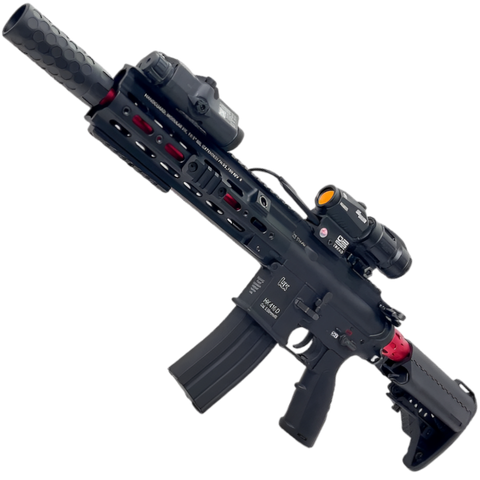 HK416D gel blaster with rechargeable 11.1v battery and USB charger.