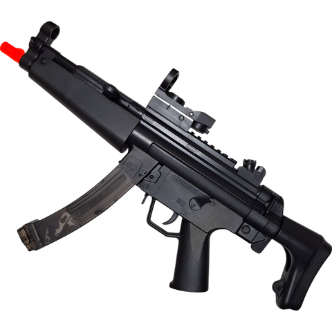 MP5 orby gun in black finish with foldable stock, tactical rails, and automatic firing mode.