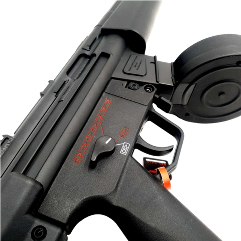 MP5 orby gun in black with ambidextrous fire selector and realistic design.