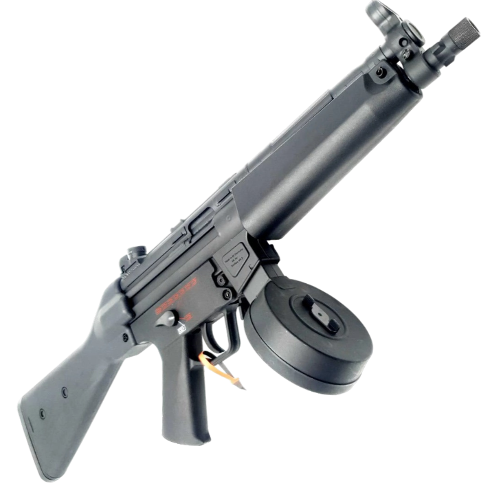 Black MP5 orby gun featuring blowback action, durable nylon construction, and metal parts.