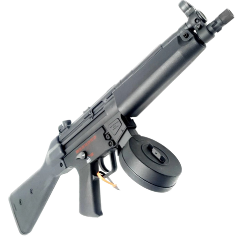 Black MP5 orby gun featuring blowback action, durable nylon construction, and metal parts.