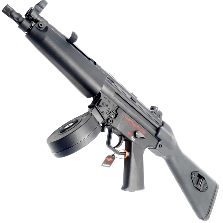 MP5 orby gun in black finish with drum magazine, nylon body, and metal gearbox.