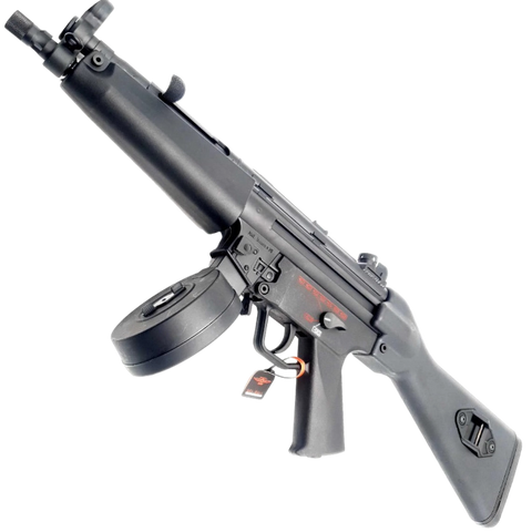 MP5 orby gun in black finish with drum magazine, nylon body, and metal gearbox.