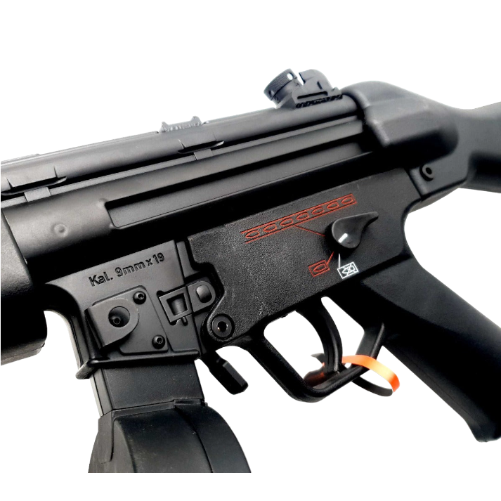 MP5 orby gun black edition with metal outer barrel, blowback feature, and sling mount.