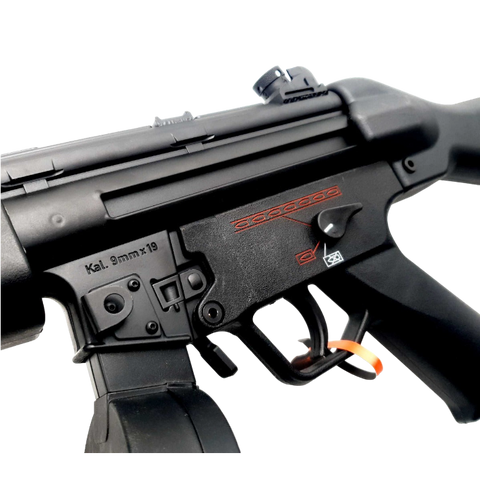 MP5 orby gun black edition with metal outer barrel, blowback feature, and sling mount.