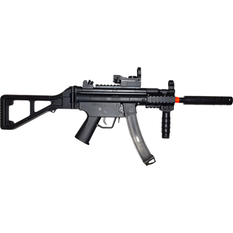 Compact MP5K gel blaster in black with automatic/manual modes, tactical rails, and reliable battery.