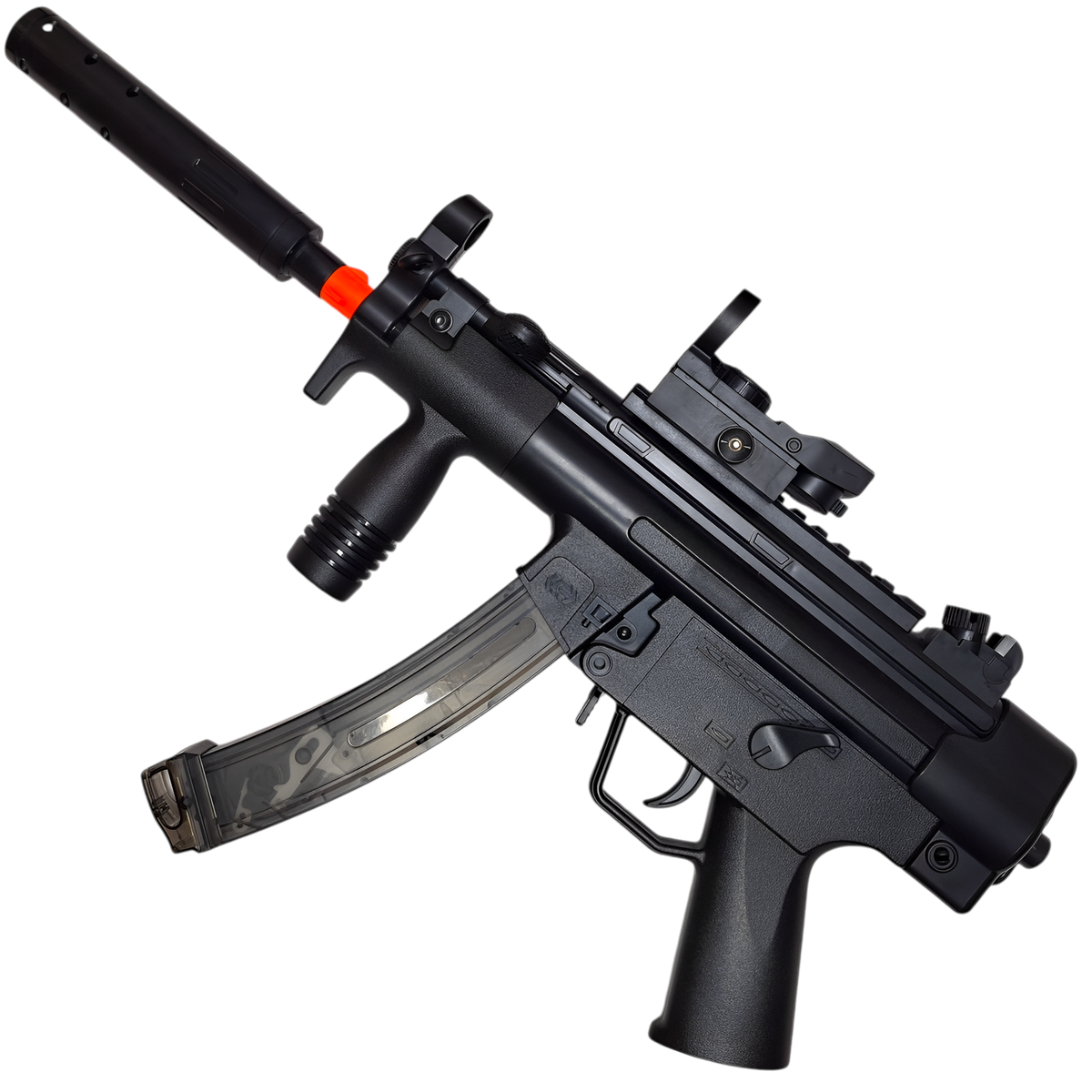 MP5K short gel blaster by XYL in black finish, featuring automatic and manual firing modes with durable ABS material.