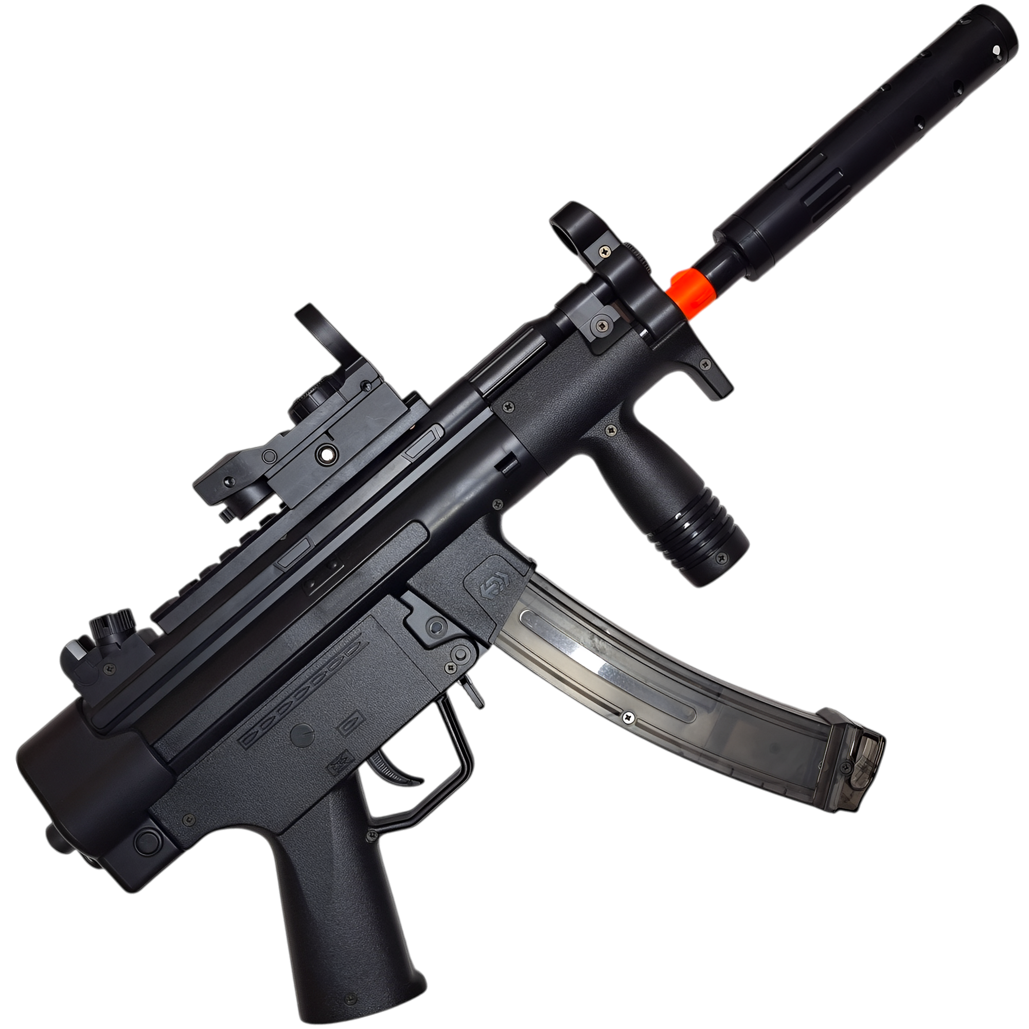 MP5K gel blaster in black, designed by XYL with a compact body, green LED sight, and reliable nylon gearbox.