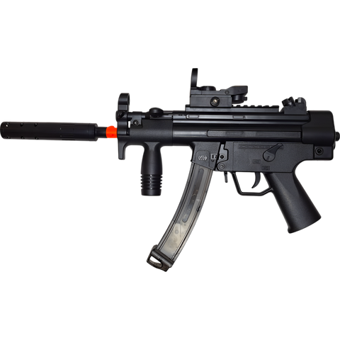 MP5K gel blaster in black, designed by XYL with a compact body, green LED sight, and reliable nylon gearbox.