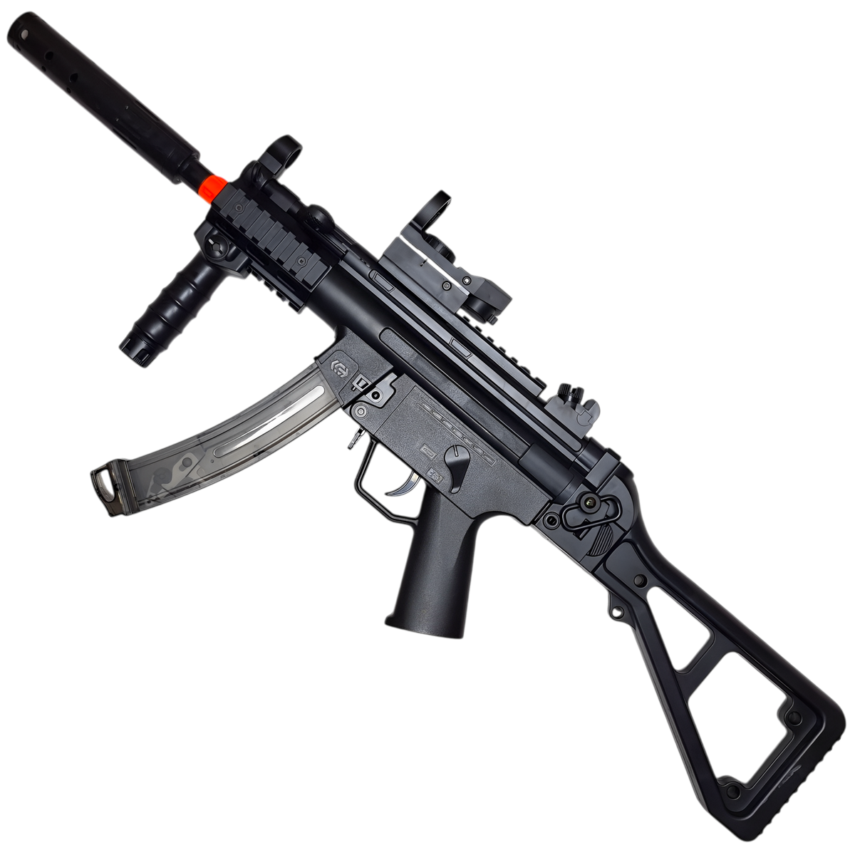 MP5K gel blaster by XYL in black finish with compact nylon body, nylon gearbox, and versatile firing modes.