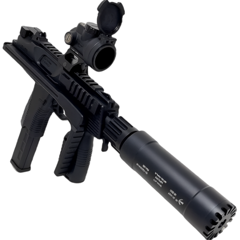 MP9 gel blaster by LEHUI offering durable nylon build, tactical silencer, and holographic sight for precision aiming.