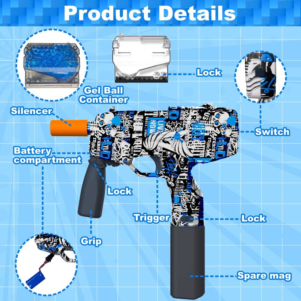 Automatic MP9 SMG blue gel blaster with hopper reload system and protective safety gear.