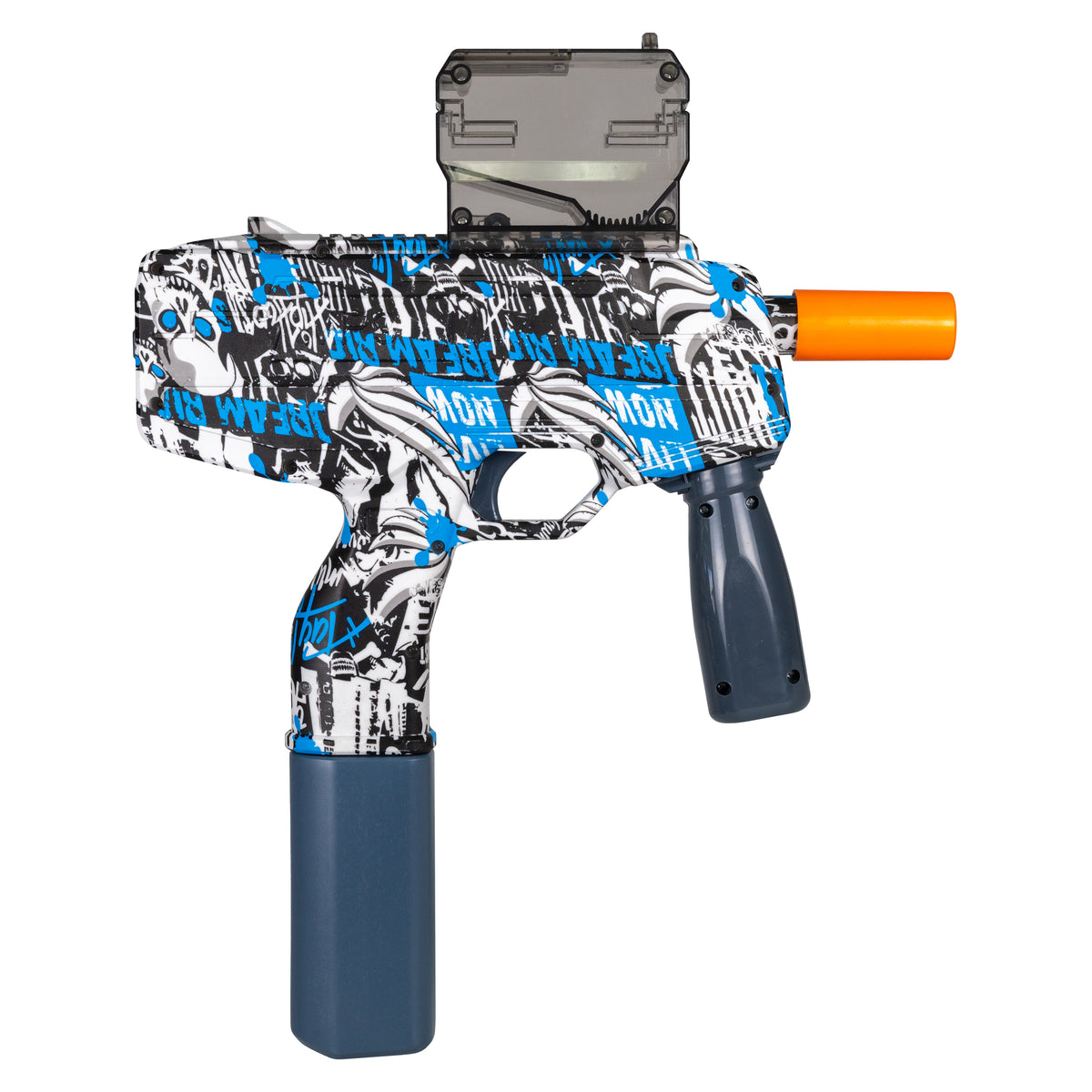 MP9 SMG gel blaster in blue with hopper-fed system, automatic firing mode, and durable ABS construction.