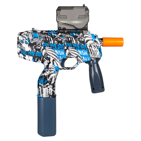 MP9 SMG gel blaster in blue with hopper-fed system, automatic firing mode, and durable ABS construction.