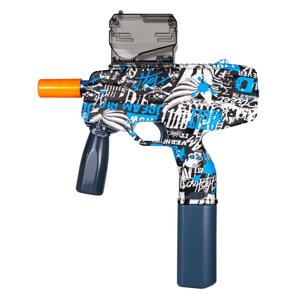 Blue MP9 SMG gel blaster featuring rechargeable battery, hopper unit, and smooth firing performance.