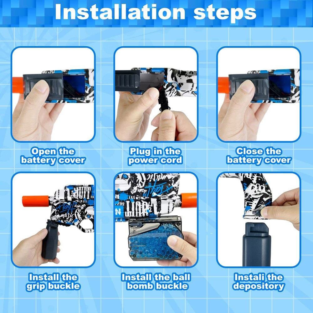 Blue MP9 SMG gel blaster with USB charger, durable ABS construction, and smooth continuous fire.