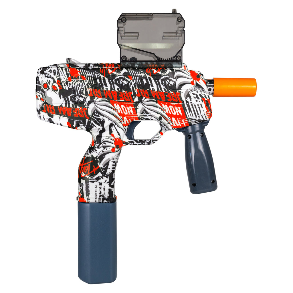 MP9 SMG red gel blaster featuring durable ABS body, USB charger, and smooth firing system.