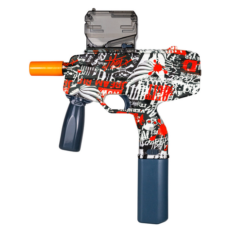 MP9 SMG gel blaster in red with hopper-fed system, automatic fire, and ABS durable build.