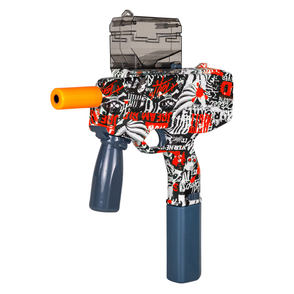 Red MP9 SMG gel blaster with rechargeable battery, continuous fire, and safety accessories.