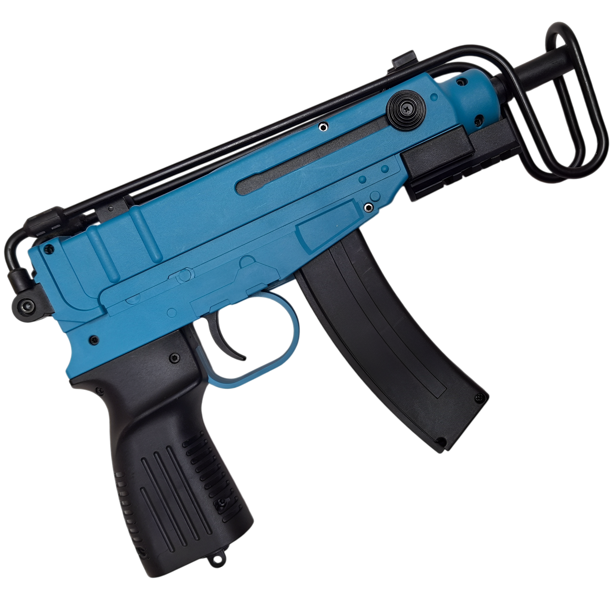 Scorpion VZ-61 gel blaster in blue with stick and drum magazines, front/rear sights, and nylon construction.