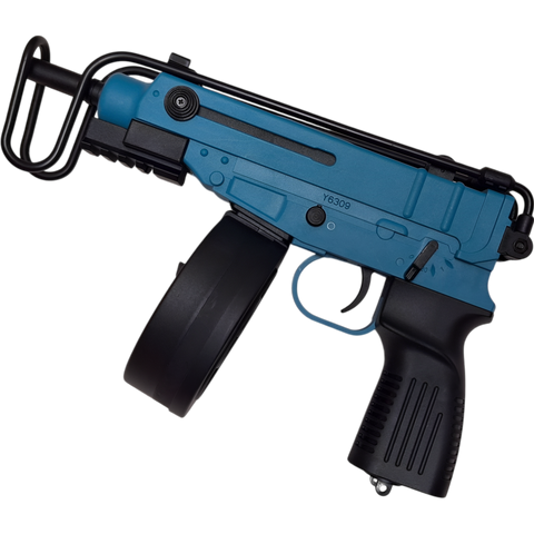 Blue Scorpion VZ-61 gel blaster with adjustable firing modes, metal stock, and efficient magazine exchange.