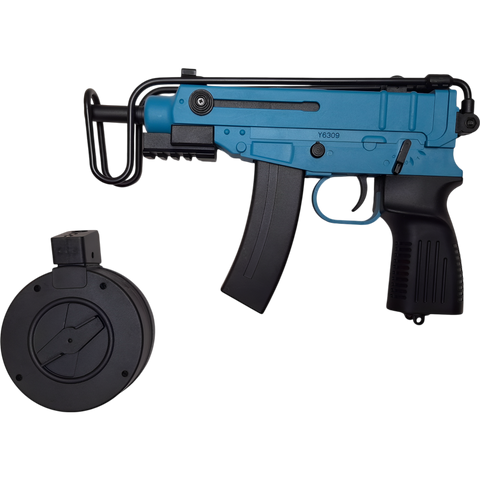 Blue VZ-61 gel blaster featuring 7.4V battery, semi/full-auto modes, and authentic submachine design.