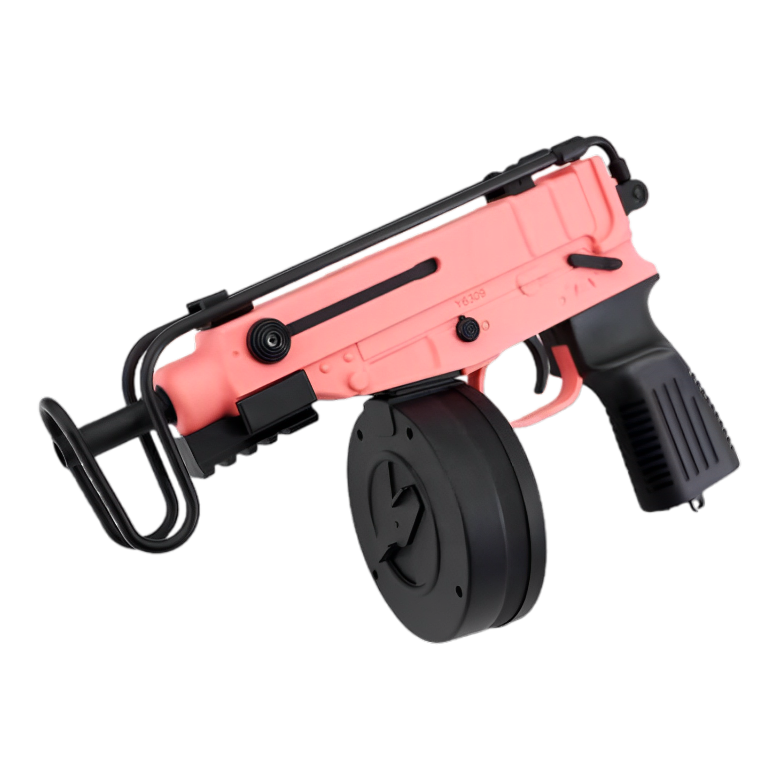 Pink Scorpion VZ-61 gel blaster with foldable stock, drum and stick magazine, and 7.4V LiPo battery.