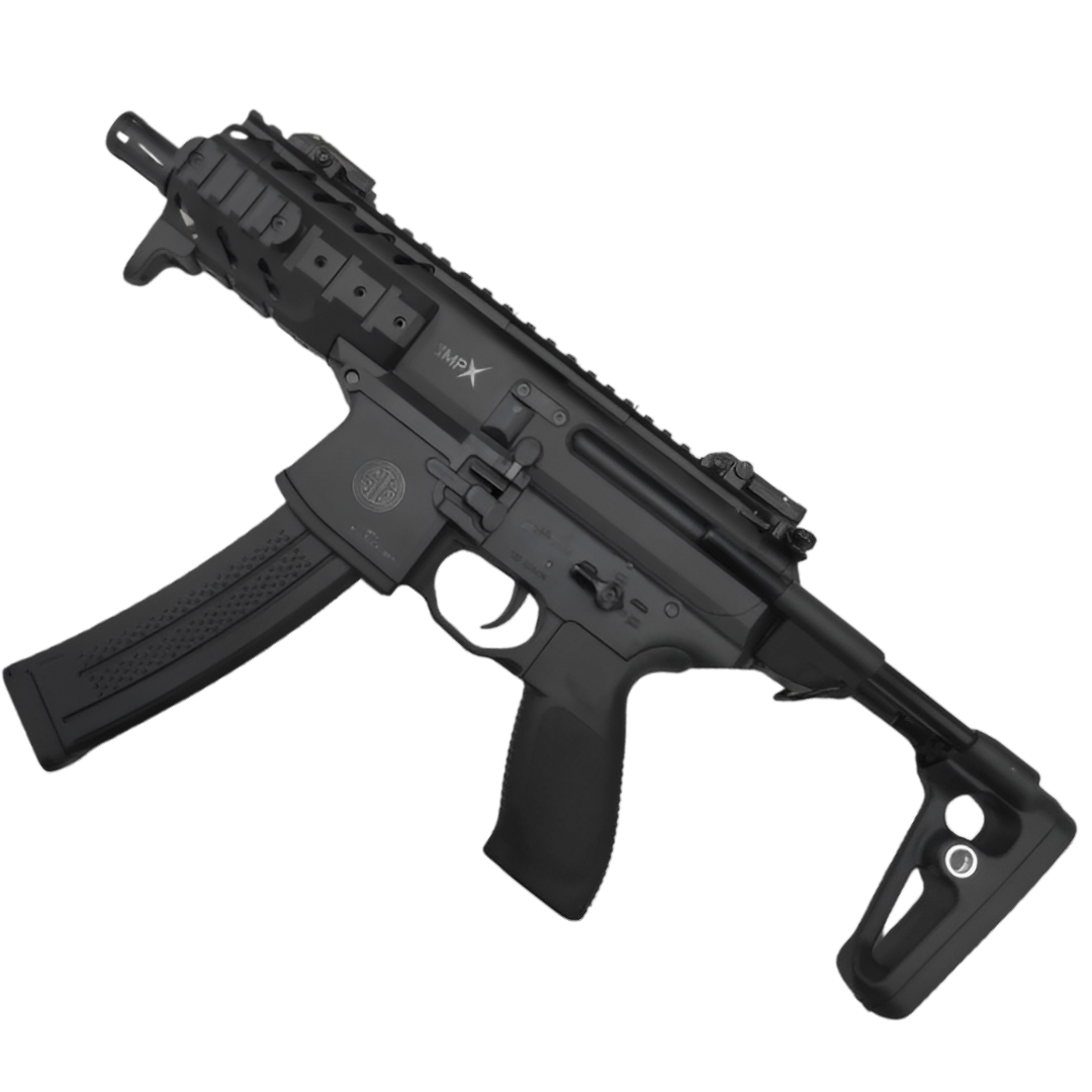 SIG MPX gel blaster in black with metal barrel, telescoping PDW stock, and ambidextrous controls.