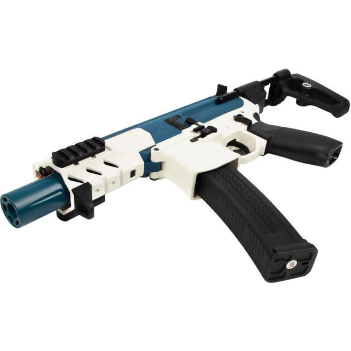 Blue SIG MPX gel blaster with rechargeable battery, ambidextrous mag release, and adjustable stock.