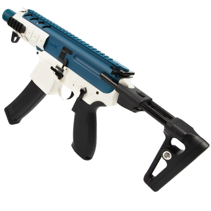 Stylish blue SIG MPX gel blaster with professional-grade performance, solid nylon body, and QD sling mounts.