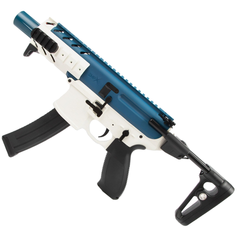 Blue SIG MPX gel blaster with white accents, ambidextrous controls, and telescoping PDW stock.