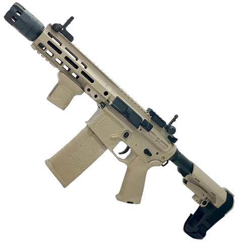 SLR 2.0 gel blaster in sand finish with adjustable stock, front grip, and semi/full-auto fire modes.