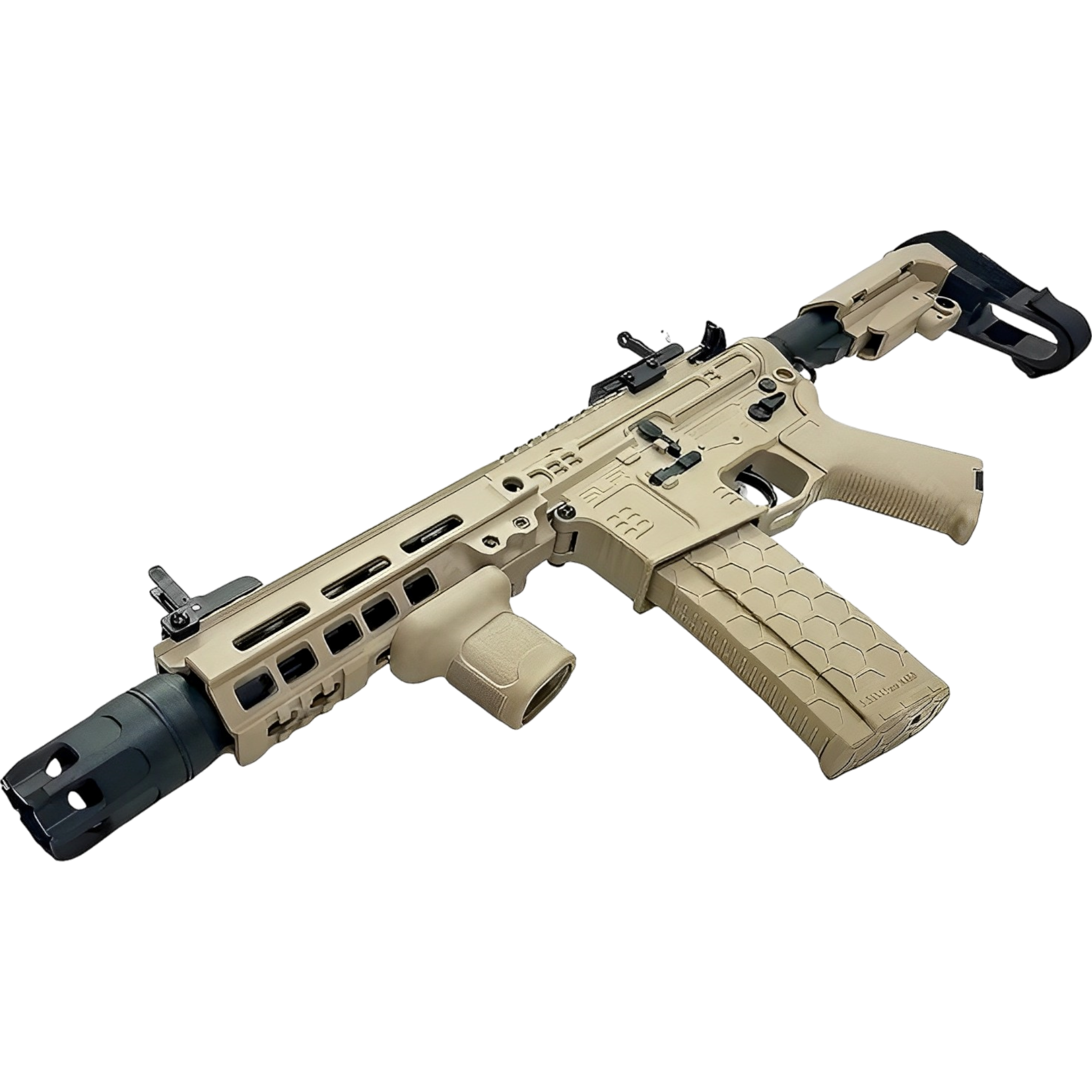 SLR 2 gel blaster in sand finish featuring front grip, adjustable stock, and safety glasses.