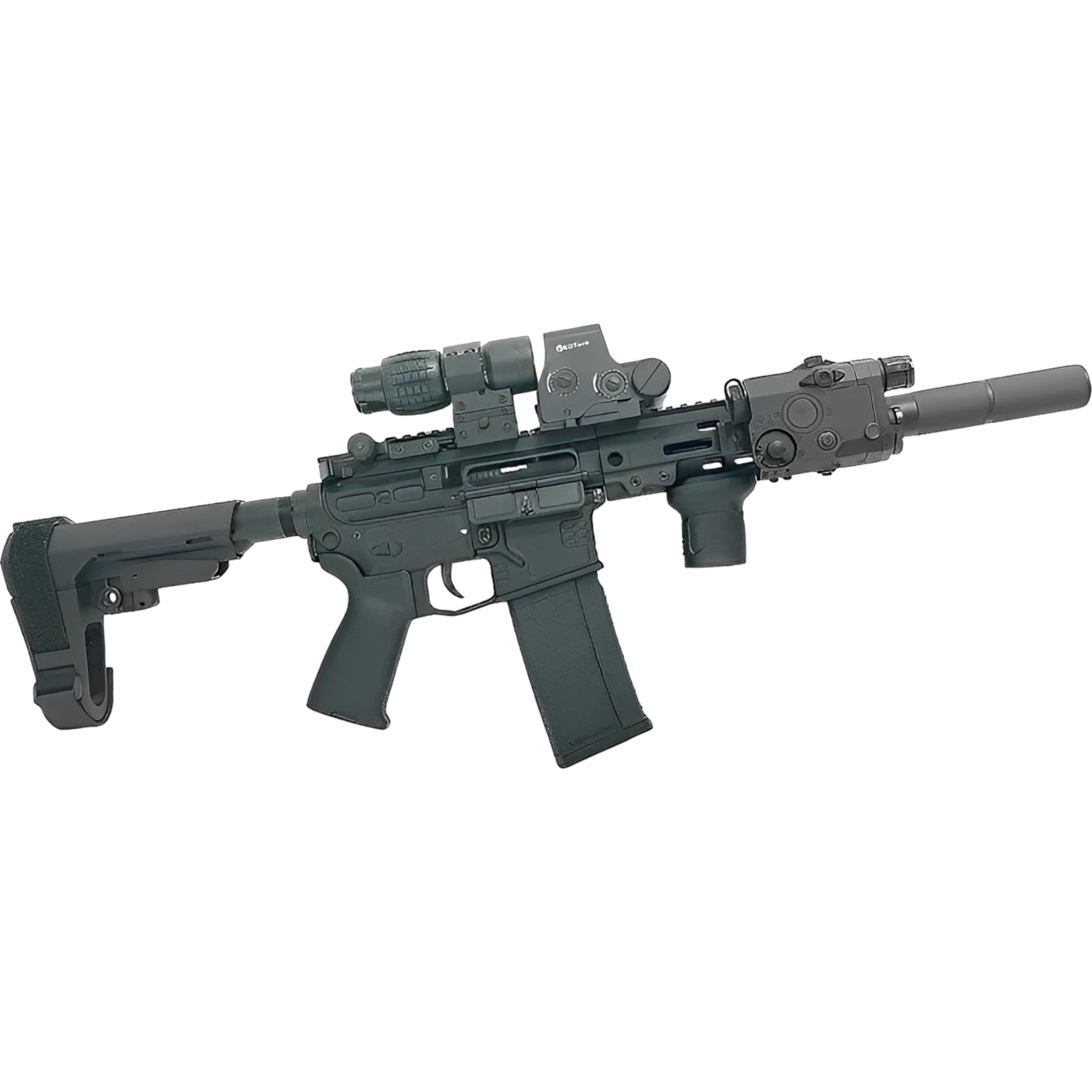 SLR 3 black gel blaster with Safe/Semi/Full auto modes, tactical silencer, and accessories.