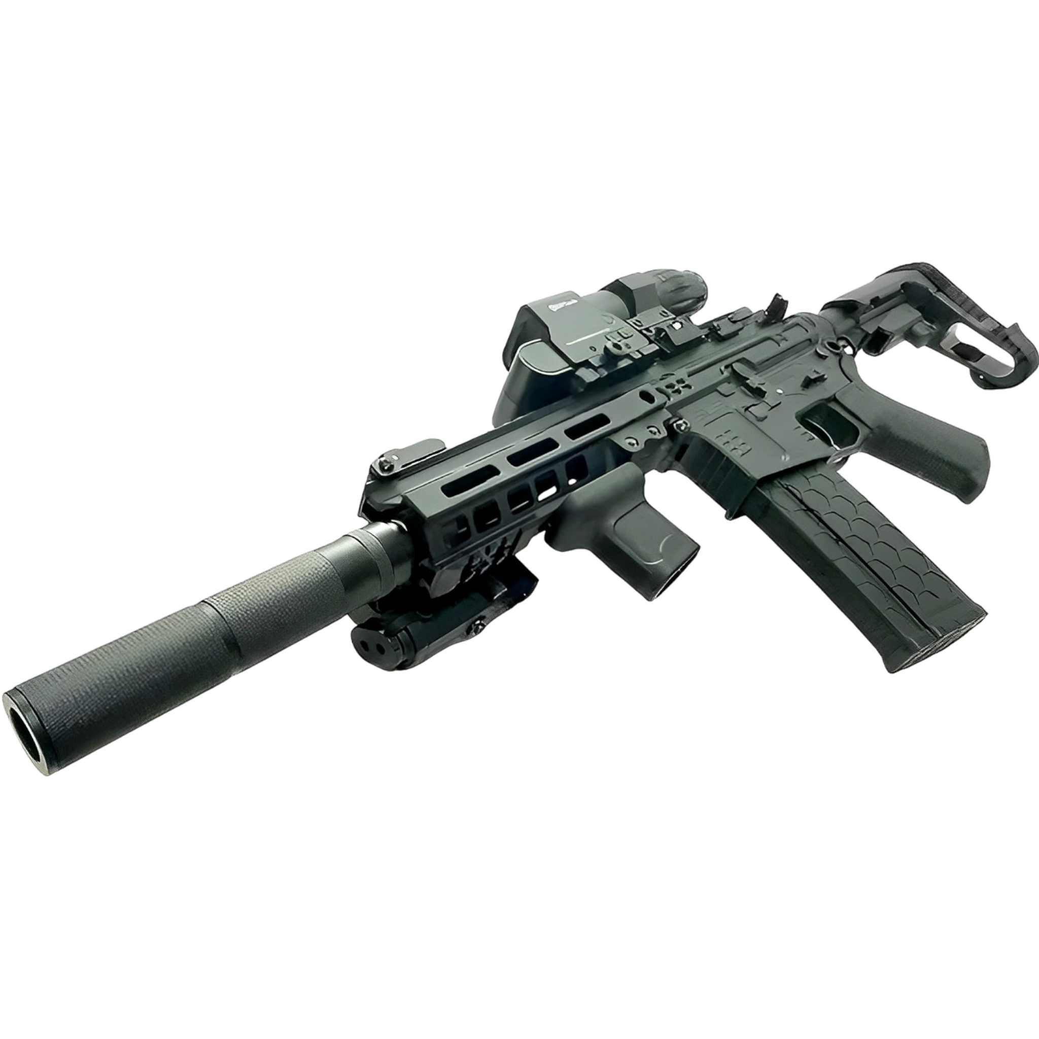 SLR 3 black with adjustable front grip, silencer, and semi/full auto fire for enhanced accuracy.