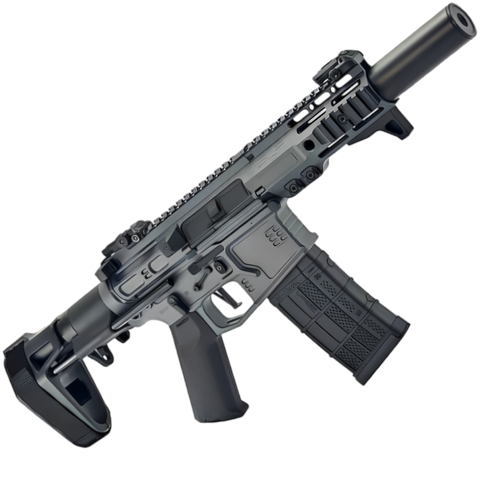 SLR 4 grey gel blaster with metal gears, durable nylon construction, and 260 FPS firepower.