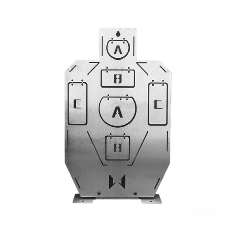 Stainless steel lettered target set with individual targets A, B, and C for precision Gel Blaster shooting practice